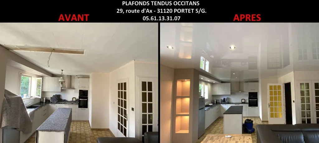 Plafond tendu laqué brillant séjour cuisine chantier sur Seysses
