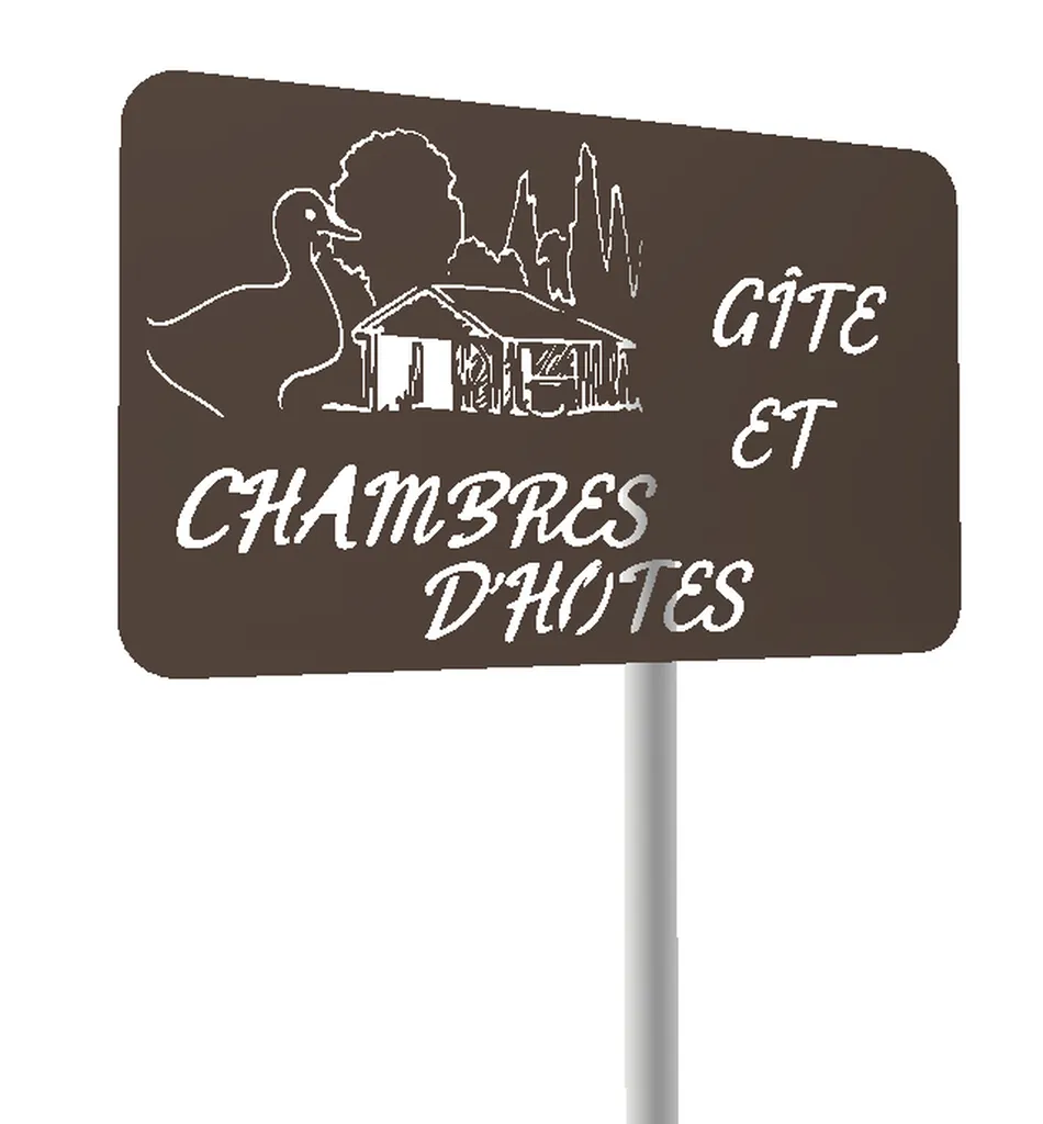 Découpe plasma sur mesure d'une enseigne signalétique pour un gîte et chambres d'hotes en acier 3mm ton rouille sur poteau 60 mm