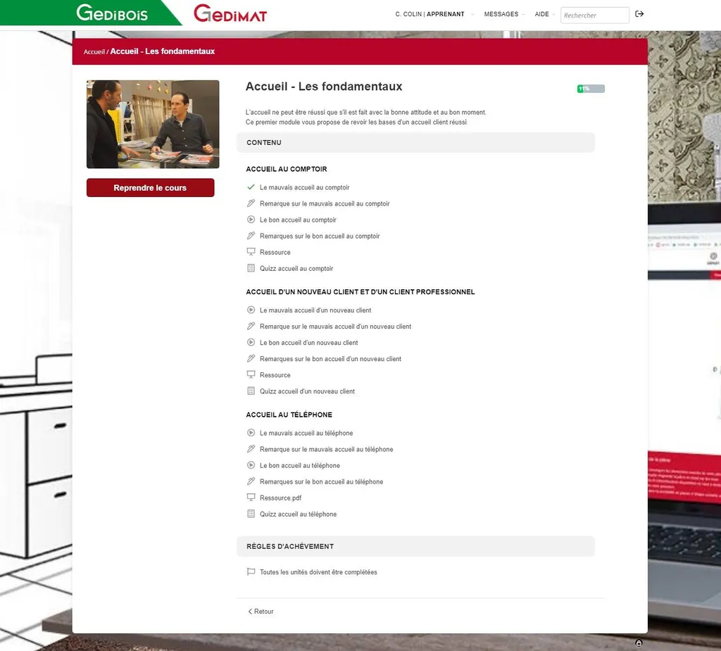 Plateforme LMS et modules e-learning pour Gedimat basé à Paris