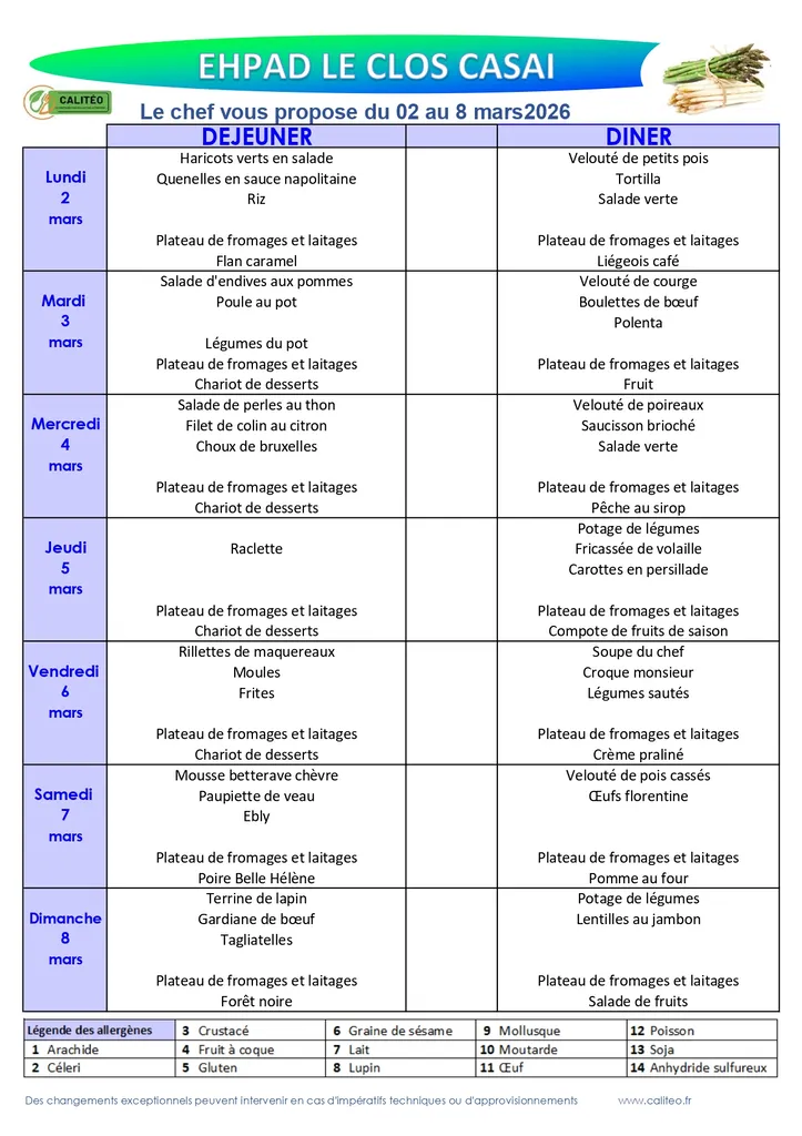 Menu du lundi 02 mars au dimanche 08 mars 2026