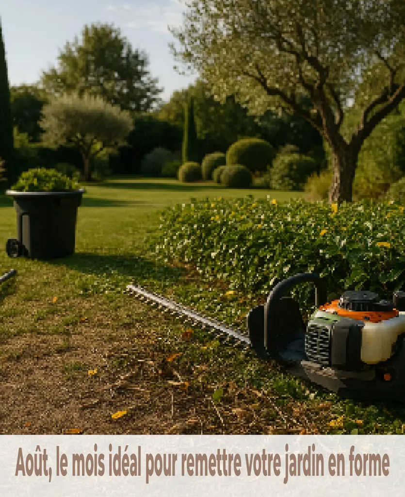 Taille de haie et nettoyage d’un jardin méditerranéen dans les Bouches-du-Rhône (13) en août.