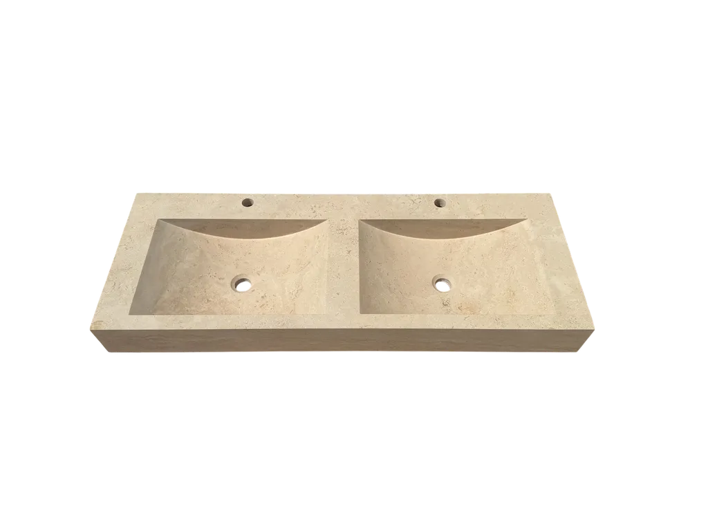 Double vasque en Travertin  Beige Classic 120x45x12 cm avec percement robinetterie inclus pour grande salle de bain