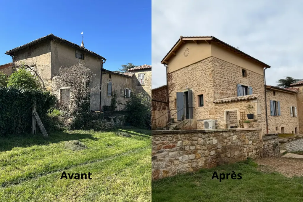 Restructuration lourde et rénovation complète d’une maison en pierre avec surélévation de toiture à Limas, près de Villefranche-sur-Saône