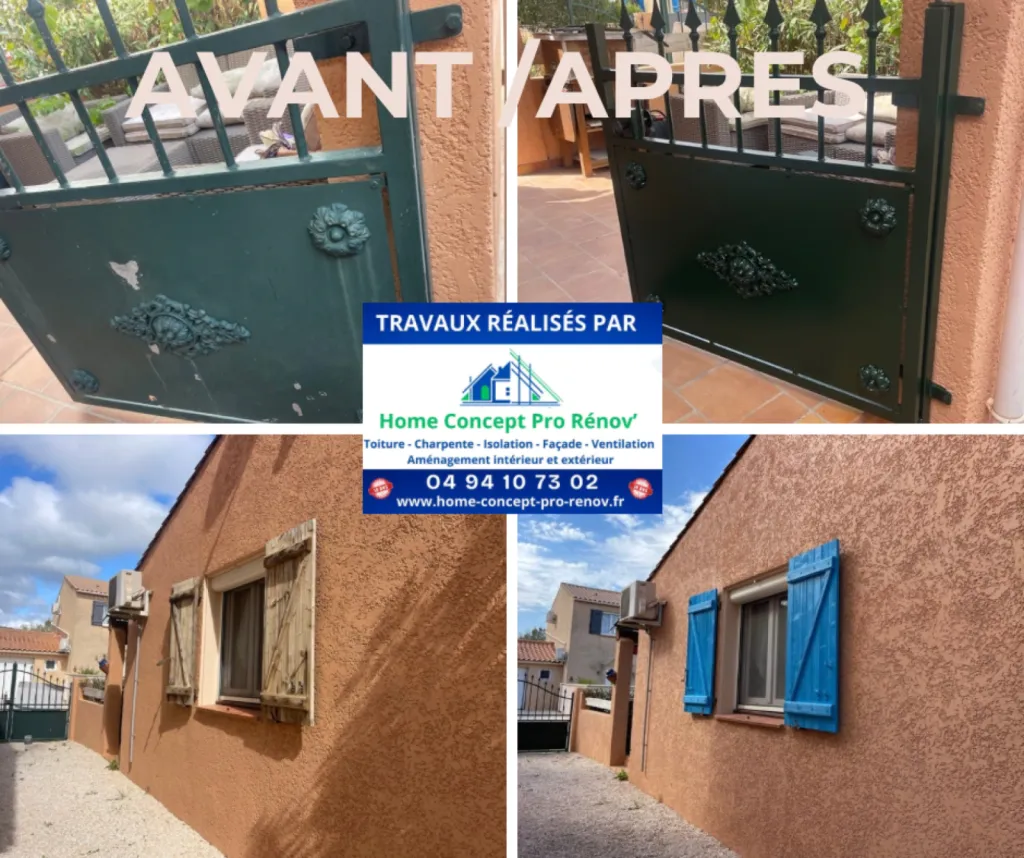 Ravalement de façade à La Londe les maures prés de Hyères intégrant un nettoyage haute pression, décroûtage et reprise d'enduits et un traitement hydrofuge coloré.