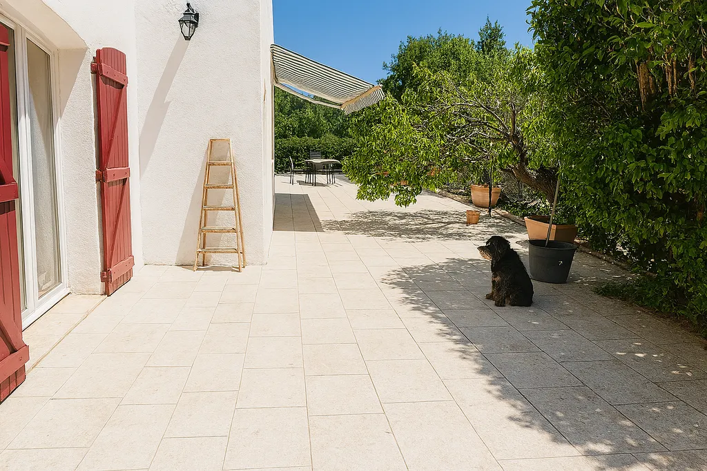 Rénovation extérieure à Auriol avec confortement, dallage, escalier et aménagement paysager. AGENCE MRC, architecte paysagiste DPLG en Provence.