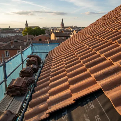Couvreur pour rénovation de toiture à Toulouse avec dépose d’ancienne couverture et pose neuve en tuiles terre cuite : toiture avec écran sous-toiture HPV par couvreur en Haute-Garonne 31