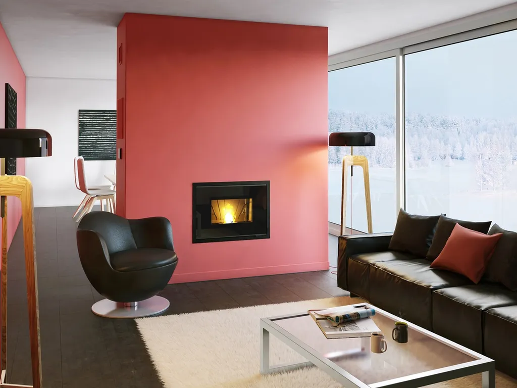 Insert à granulé Jotul PI 1201 noir sans une hotte rouge et un environnement moderne
