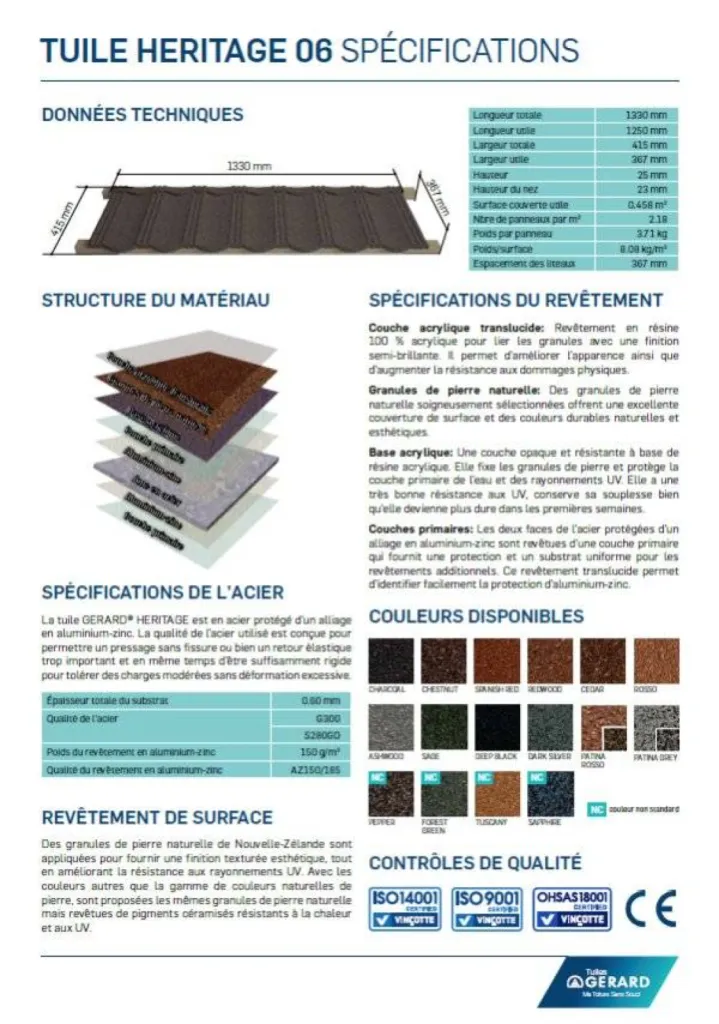 1ère page Fiche Technique Tuiles métalliques GERARD HERITAGE 06