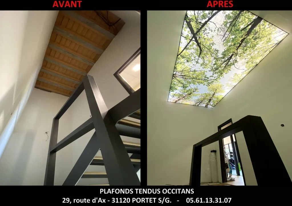 Plafond tendu lumineux imprimé dans cage d'escalier chantier sur Cornebarieu