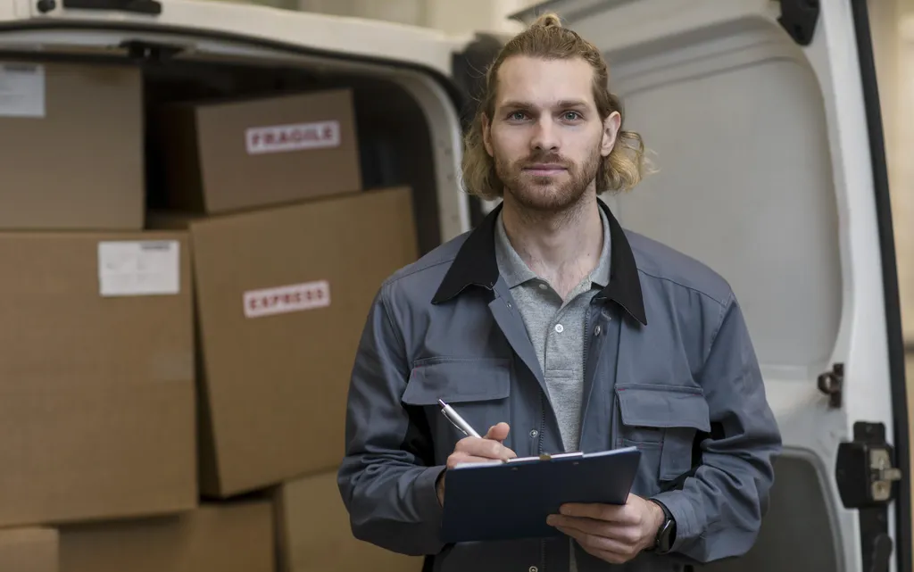 Opération de livraison et de manutention dans un environnement professionnel lié au transport et à la logistique.