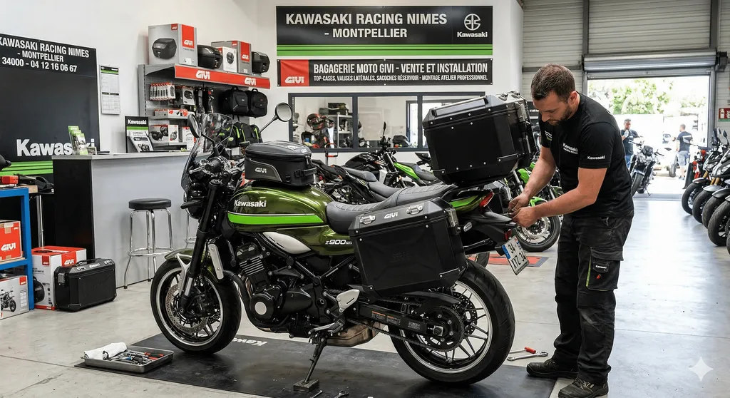 Vente et installation bagagerie moto Givi top-case valises latérales sacoche réservoir et supports adaptés montage atelier professionnel à Montpellier 34000 dans l'Hérault