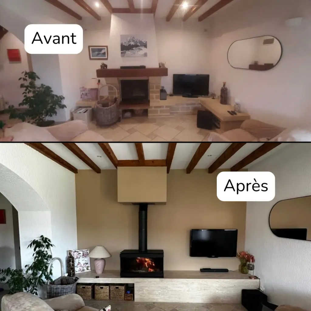 Installation d’un poêle à bois M-design Venus in the box 850 DC à Saint-Vérand (38)