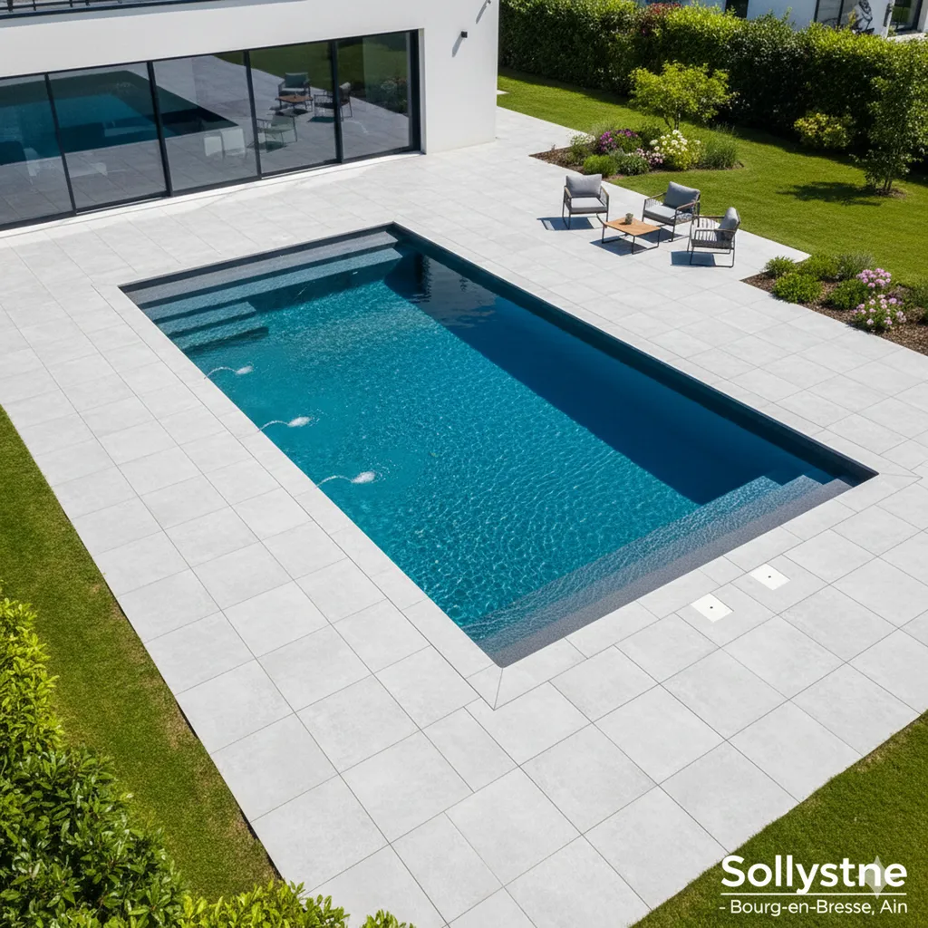 Carrelage extérieur gris et antidérapant avec margelle ton sur ton à bourg en bresse