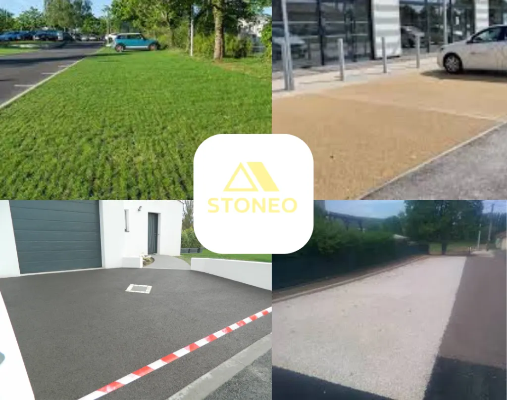 Parking, voies d'accès ou allée garage drainants avec nos solutions moquette de pierre carrossable STONEO, perméable et esthétique. Nos solution de marbres résinés à Meylan, Montbonnot-Saint-Martin, Domène et partout en Isère 38 et dans le 26 et 07