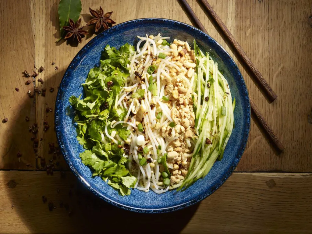 réalisation de photographie de plat culinaire pour restaurant nouilles froides aux légumes