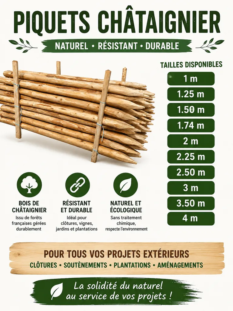 Piquets en Châtaignier Naturel | Piquets Bois Durables pour Clôtures et Aménagements