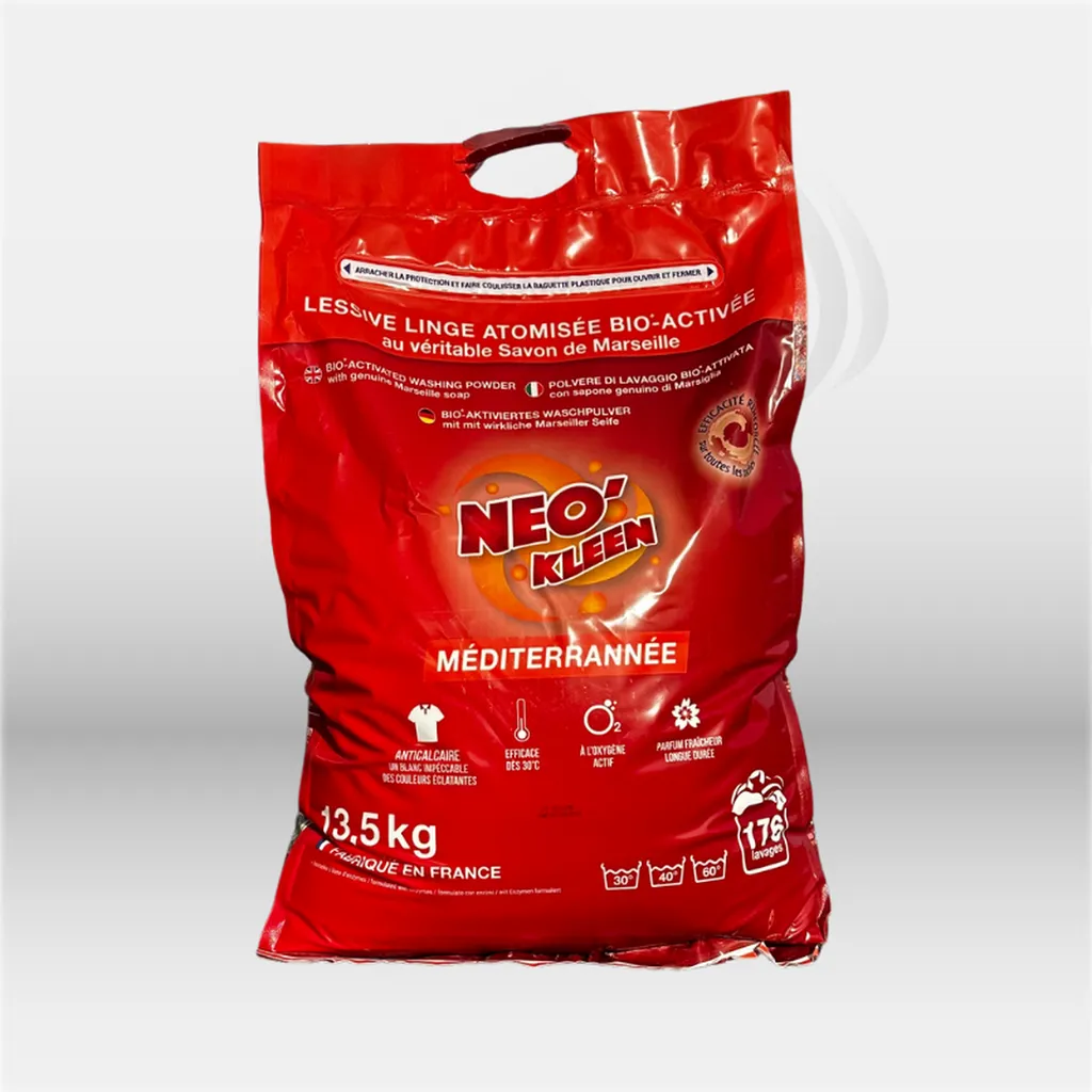 Lessive en poudre Neo Kleen Méditerranée 13,5 kg pour lavage professionnel du linge, idéale pour collectivités, hôtels, restaurants et blanchisseries, offrant efficacité, fraîcheur et performance pour l'entretien quotidien des textiles – disponible à Mont