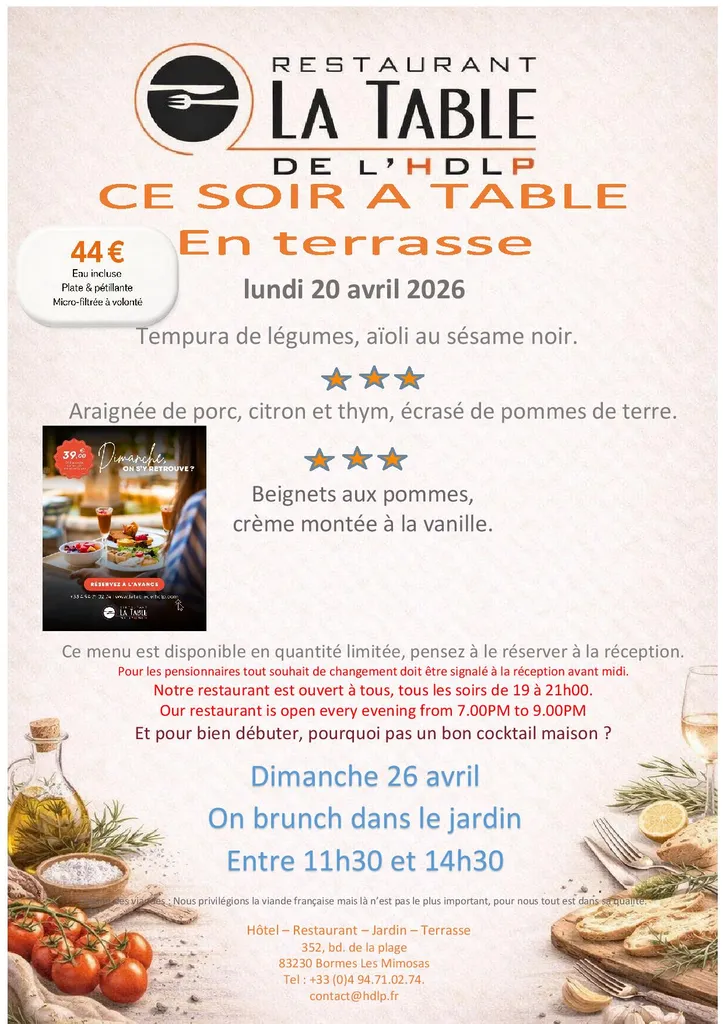 Menu du soir ce lundi 20 avril à LA Table de L'HDLP de Bormes Les Mimosas