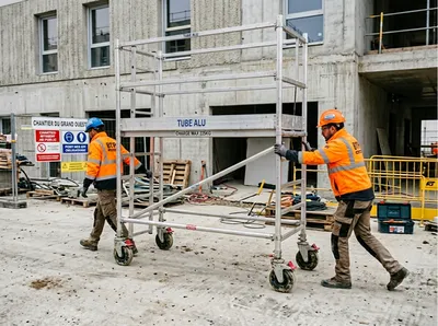 Échafaudage roulant en aluminium utilisé sur un chantier nécessitant une grande mobilité sur site, avec déplacement rapide entre zones de travail et mise en sécurité sur sol plat.