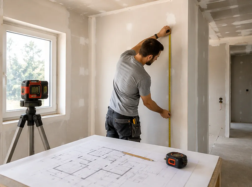 Préparation d'un projet de rénovation intérieure avec prise de mesures et étude des besoins avant le démarrage du chantier.