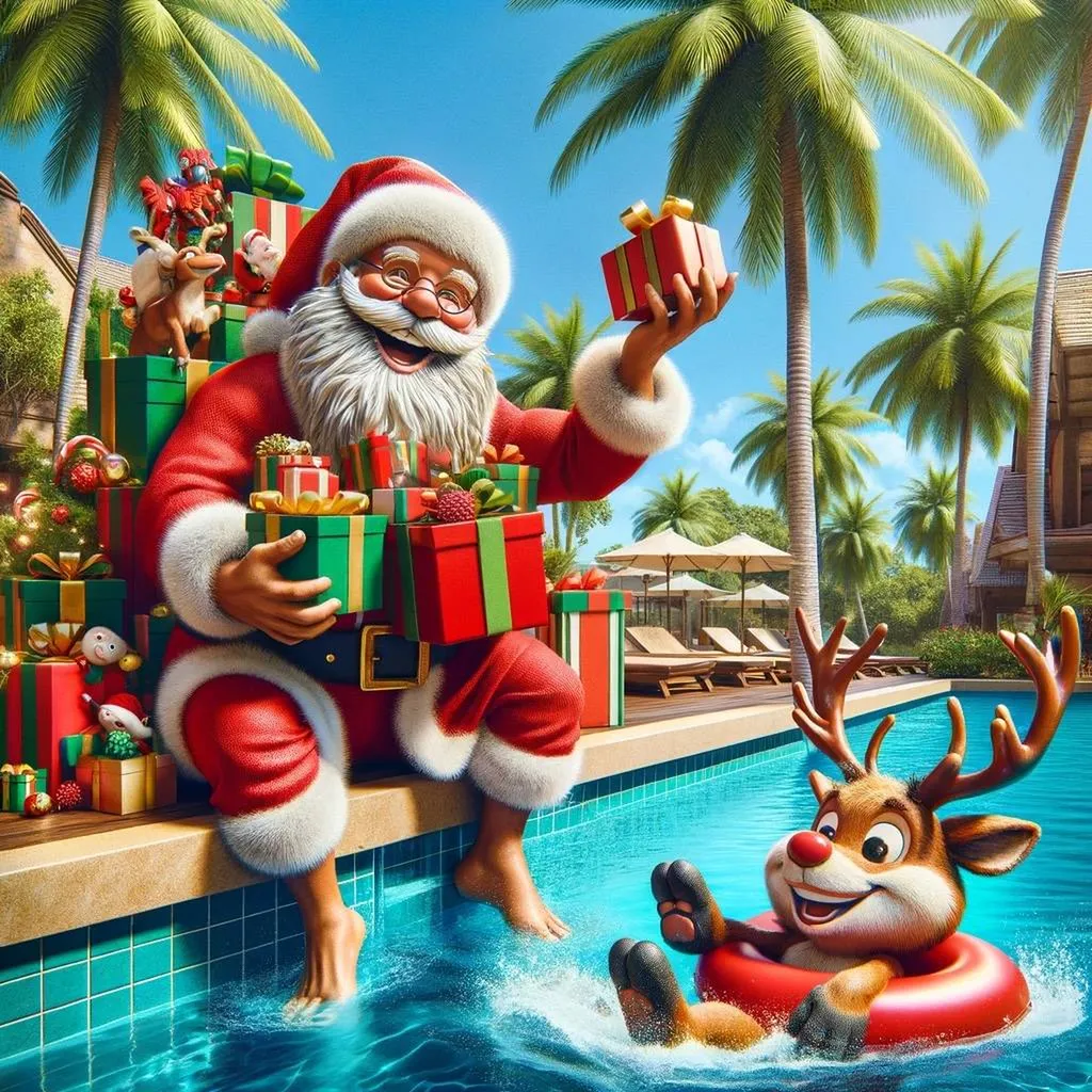 un Père Noël au bord d'une piscine donne des cadeaux
