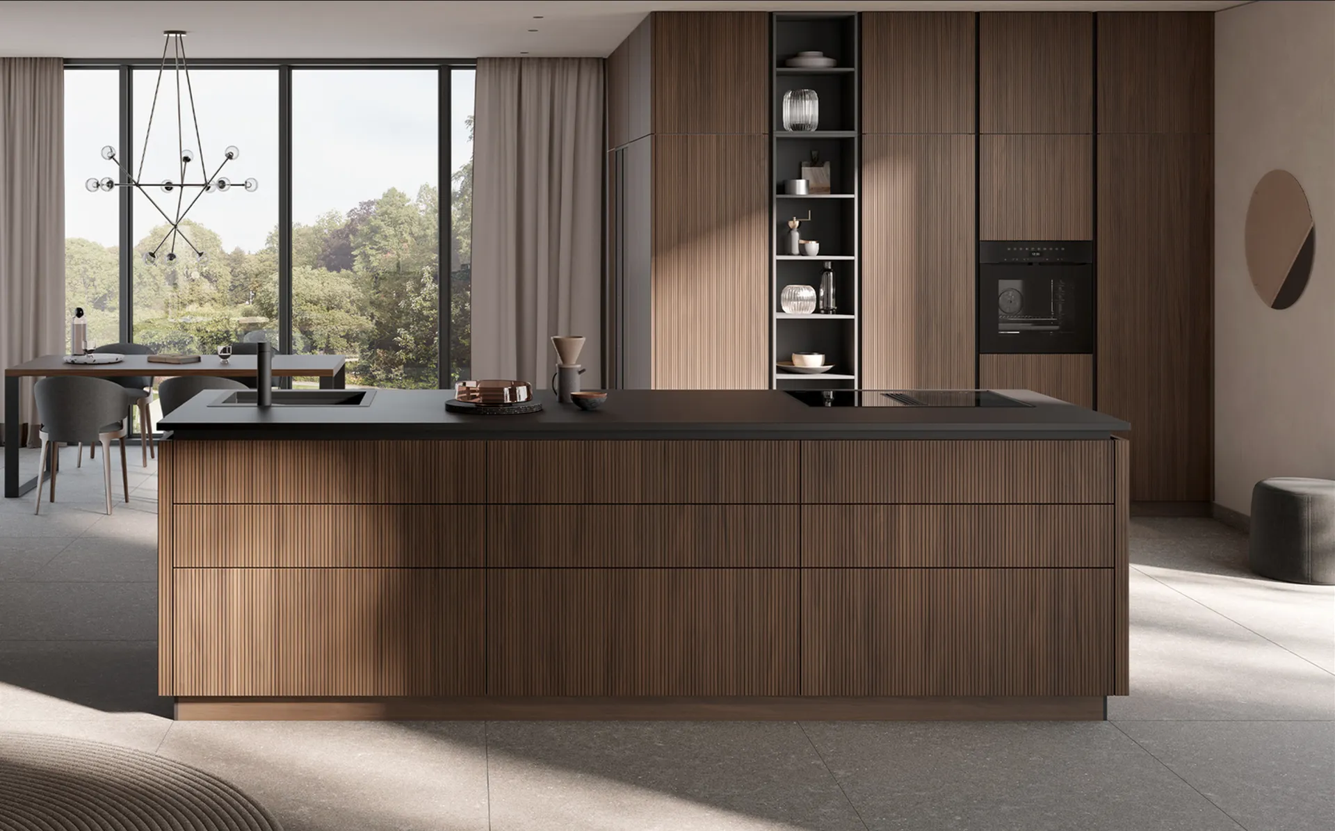 Cuisine en bois avec façades cannelées, apportant chaleur et modernité à votre pièce, accompagnée d’un plan de travail en pierre, dans le Tarn, près d’Albi