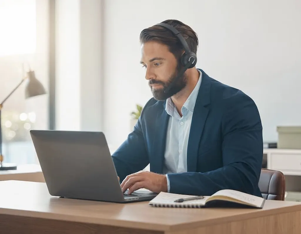 Un commercial moderne utilisant un ordinateur portable avec une interface d'IA pour préparer ses appels de prospection ciblés dans un bureau lumineux.
