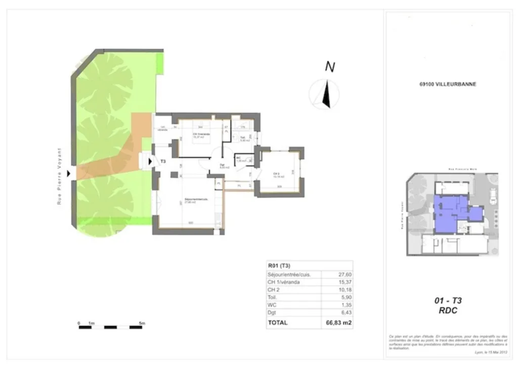 Appartement 3 entièrement rénové avec jardin privatif dans un quartier résidentiel à Villeurbanne près de Lyon