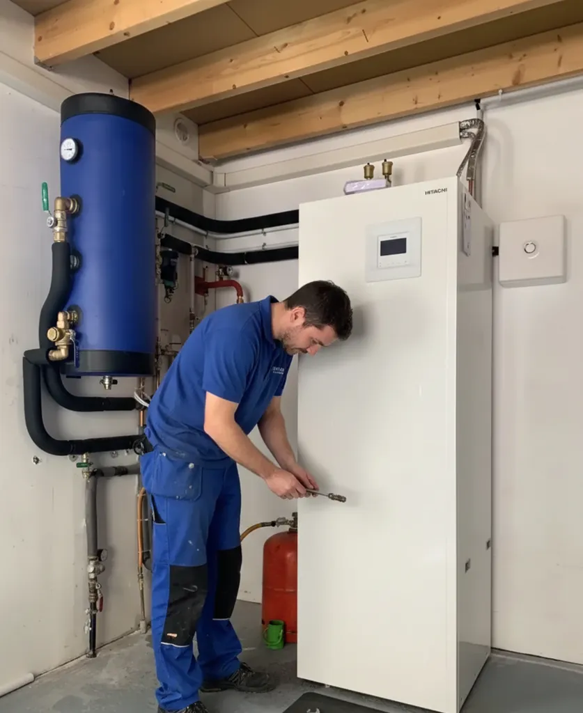 Artisan RGE QualiPAC installant une unité extérieure de pompe à chaleur air-eau sur une maison individuelle à Bergerac.