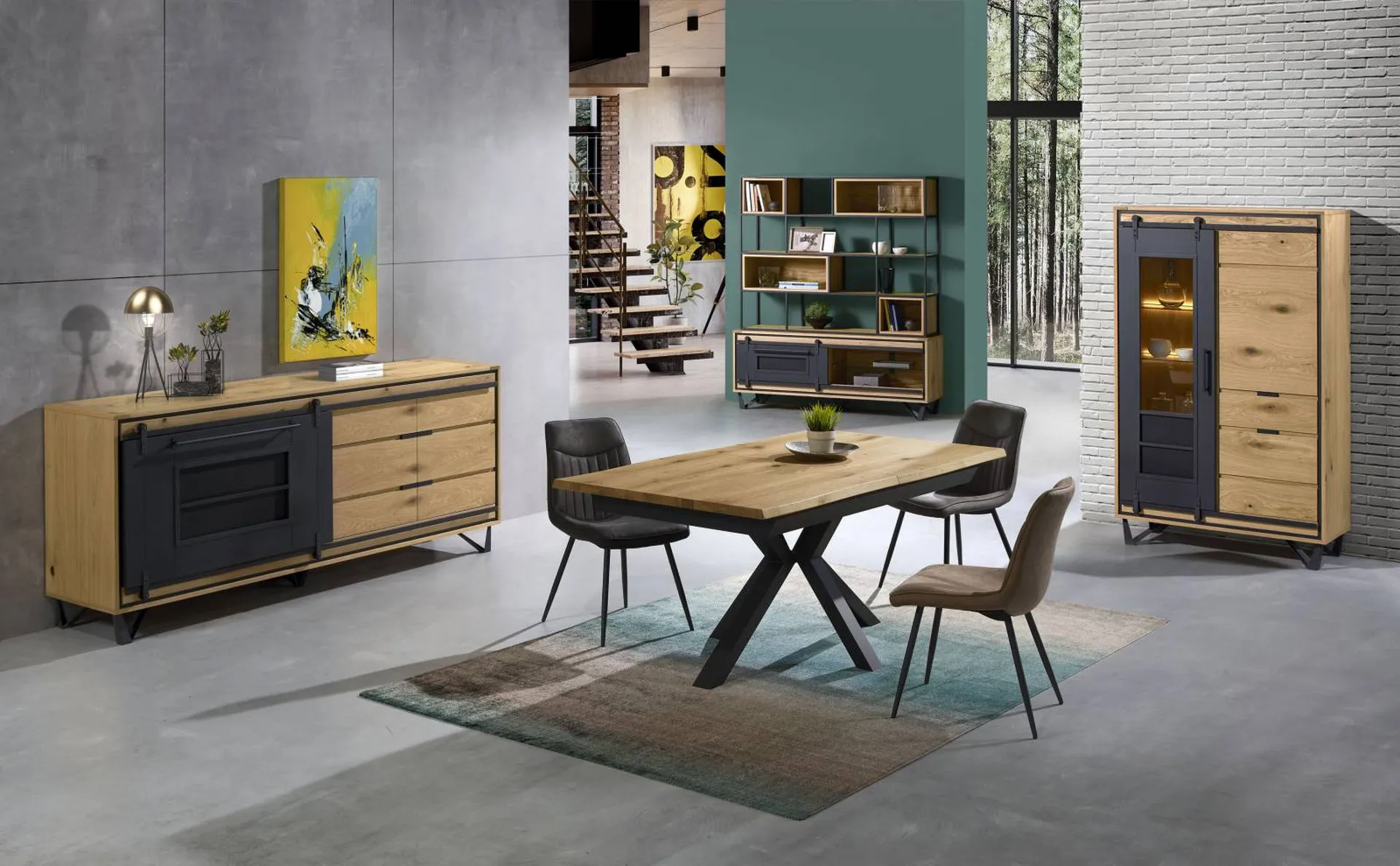 Vente d'une salle à manger complète Française en bois avec un décor en métal SUNSET