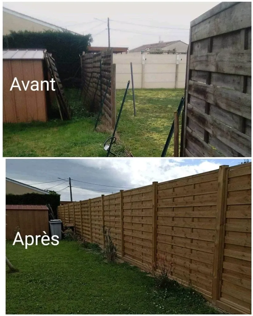 Pose d'une clôture en panneaux en bois sur la commune de Cézac en Gironde, dans le secteur de saint André de Cubzac