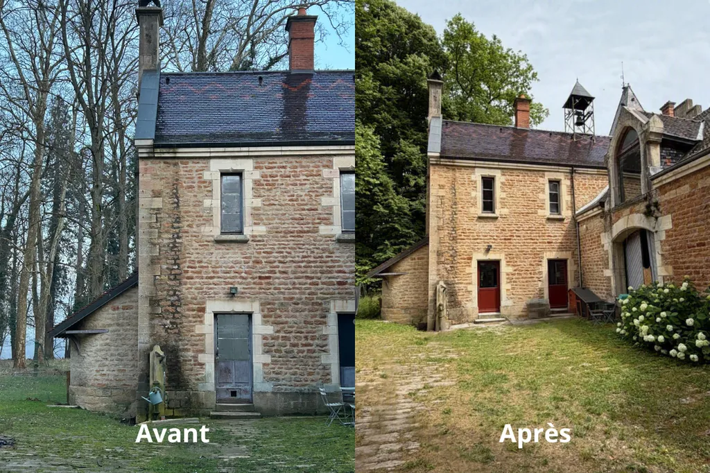 avant/après de la façade rénovée : intégration des nouvelles menuiseries en chêne aux normes ABF/DRAC près de Mâcon (71).