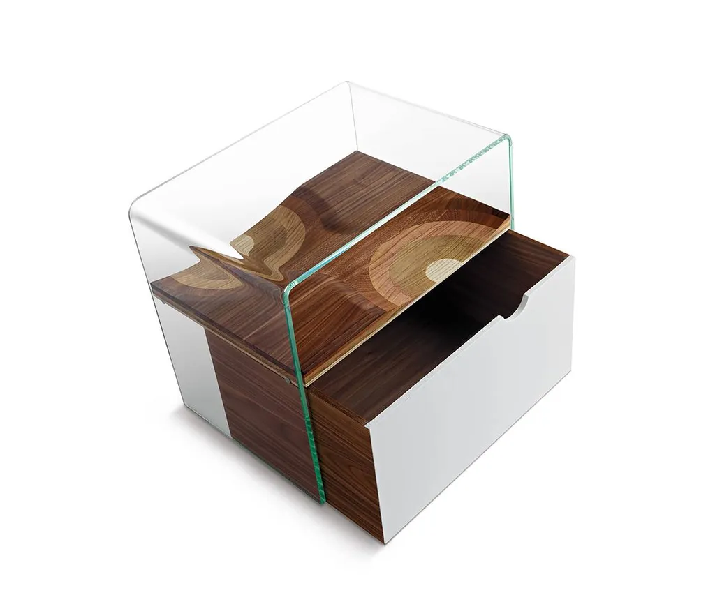 table de chevet avec tiroir en bois et verre à hyères chez Alliance Tiffany près de Toulon