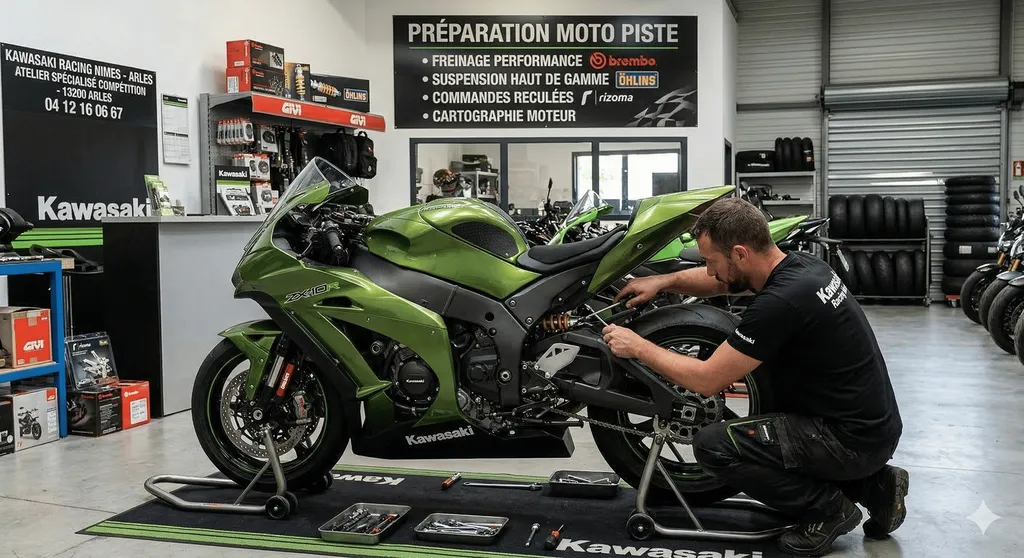 Préparation moto racing circuit avec montage freinage performance suspension réglable commandes reculées par atelier compétition spécialisé à Arles 13200 dans les Bouches-du-Rhône