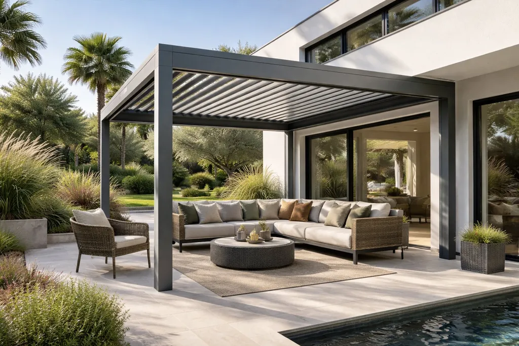 Installation pergolas bioclimatique à lames orientable en aluminium TECHNAL gris anthracite pour salon de jardin pour une nouvelle maison à Cassis