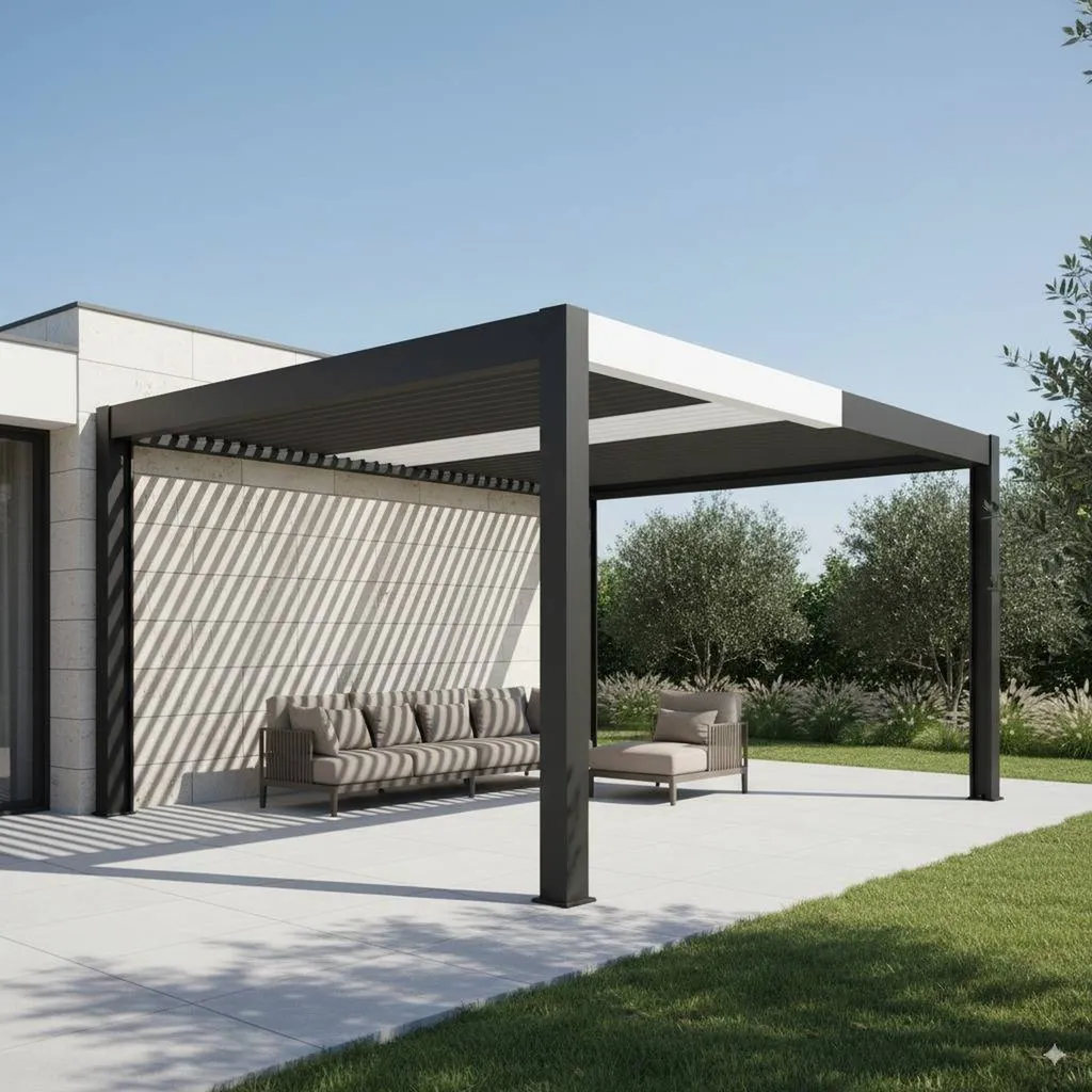 Pergola bioclimatique 4x4 aluminium adossée, autoportée, inclinée