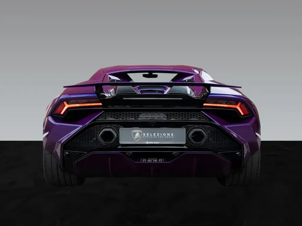 Arrière Lamborghini Huracán Tecnica Viola Mithras, aérodynamique optimisée et caractère racing, service Bordeaux.
