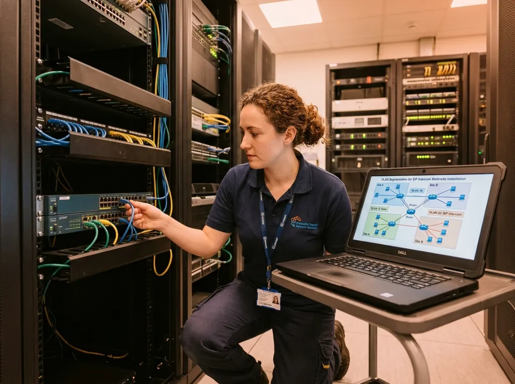 Technicien réseau configurant un switch PoE et des VLANs pour une installation d'interphonie SIP multi-sites