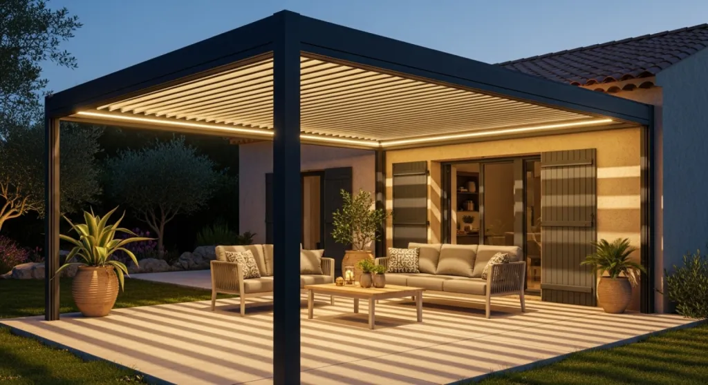 Pergola bioclimatique aluminium avec lames orientables et LED intégrées à Sainte-Maxime