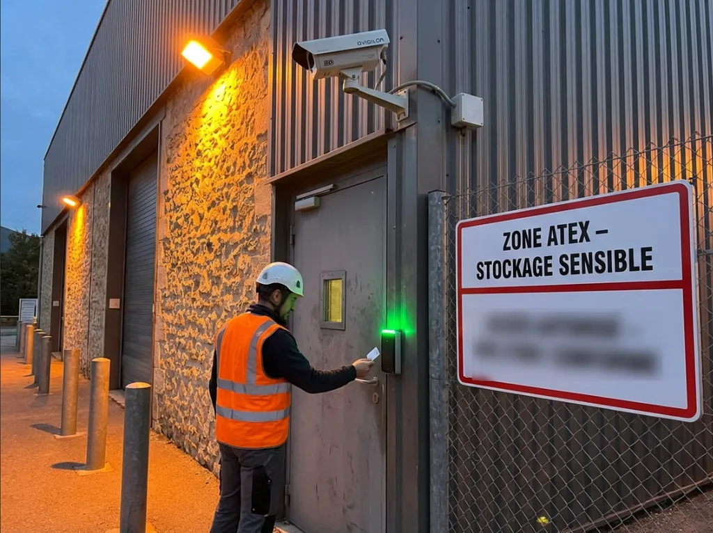 Accès zone sensible industrielle, badge RFID + caméra Avigilon détection personnes, alerte automatique entrée non autorisée