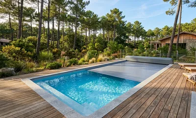 Installation d'une piscine a coque à Mimizan proche de Parenthis avec rideaux automatique
