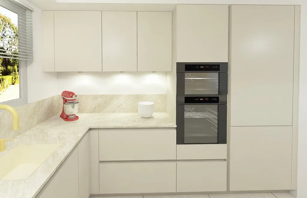 Modélisation 3D d'une cuisine sans poignée avec frigo intégré en 70cm et colonne four micro-ondes à Fonsorbes 