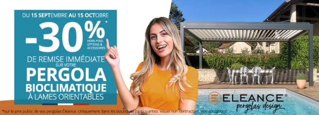 30 % de remise immédiate pour l'achat d'une pergola bioclimatique à lames orientables Éléance