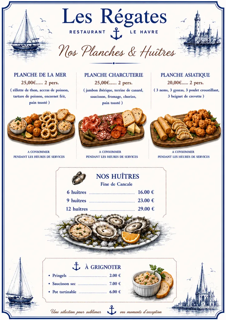 Tapas, planches à partager sur la terrasse des Régates le Havre76