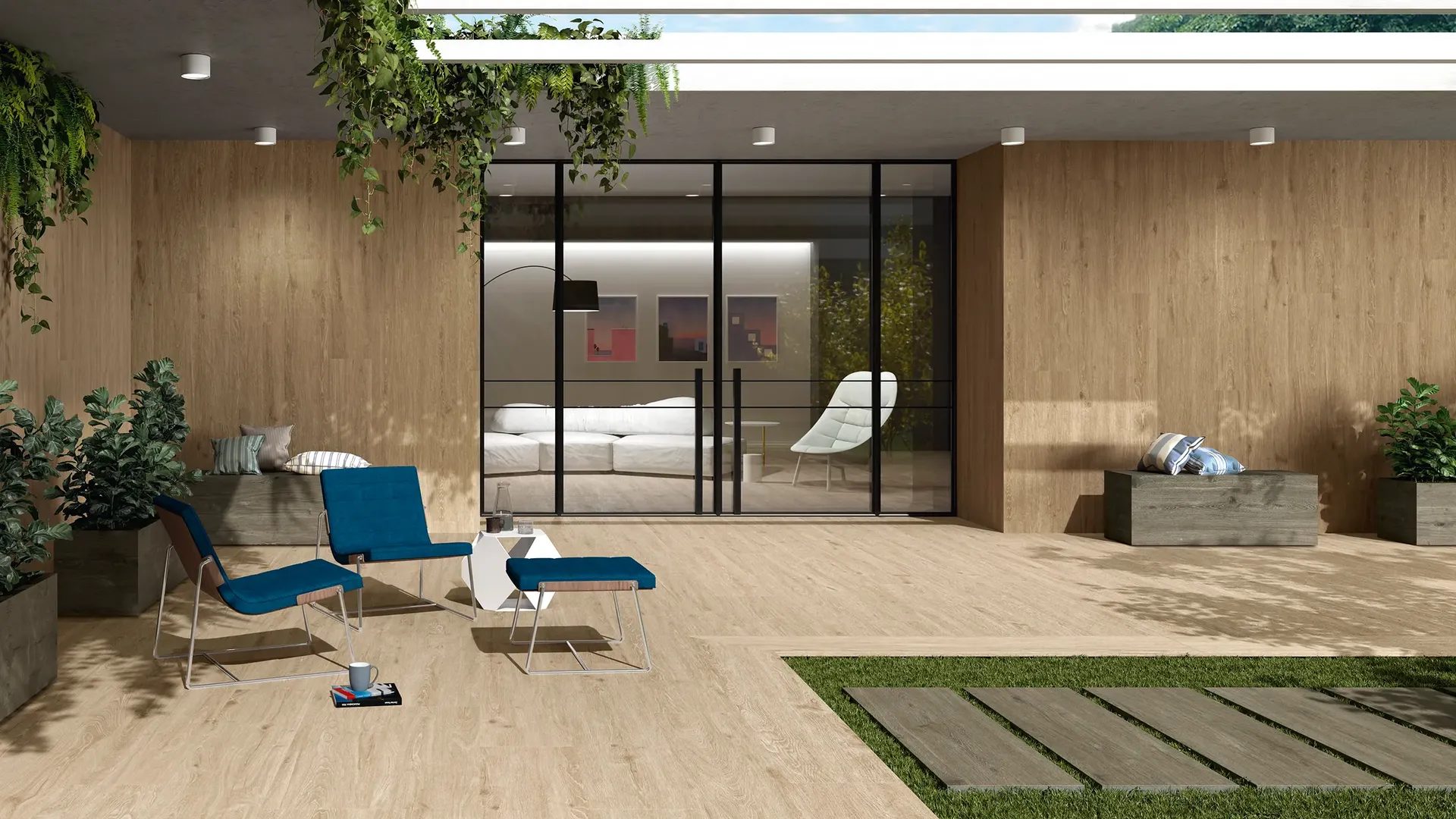 Pose d'un carrelage extérieur aspect bois naturelle sur une terrasse neuve à Evreux 27. 