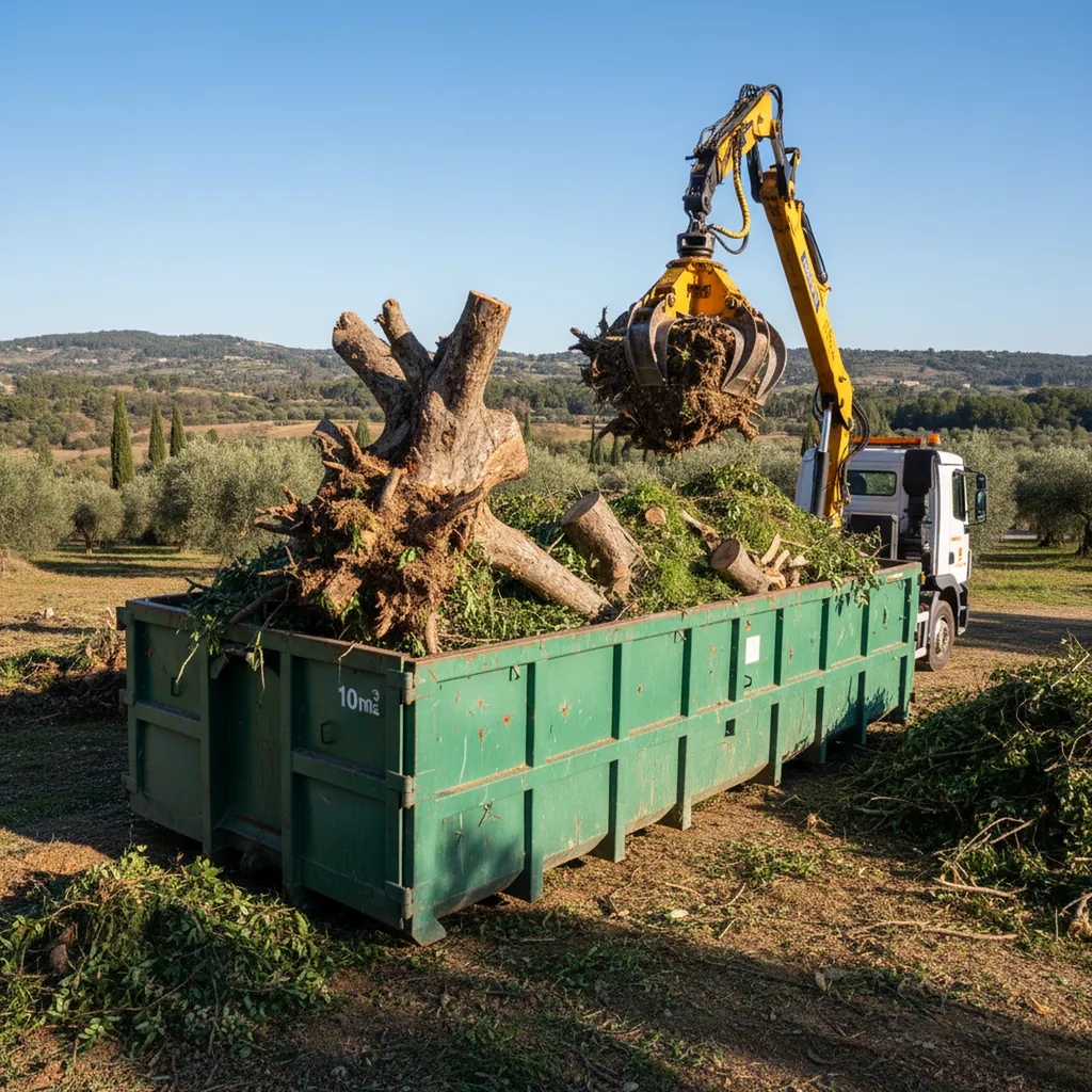 Location benne déchets verts 10m3 à Vidauban vers Toulon : Volume important pour troncs d'arbres, grosses souches, bois d'élagage et déchets de tonte avec grappin