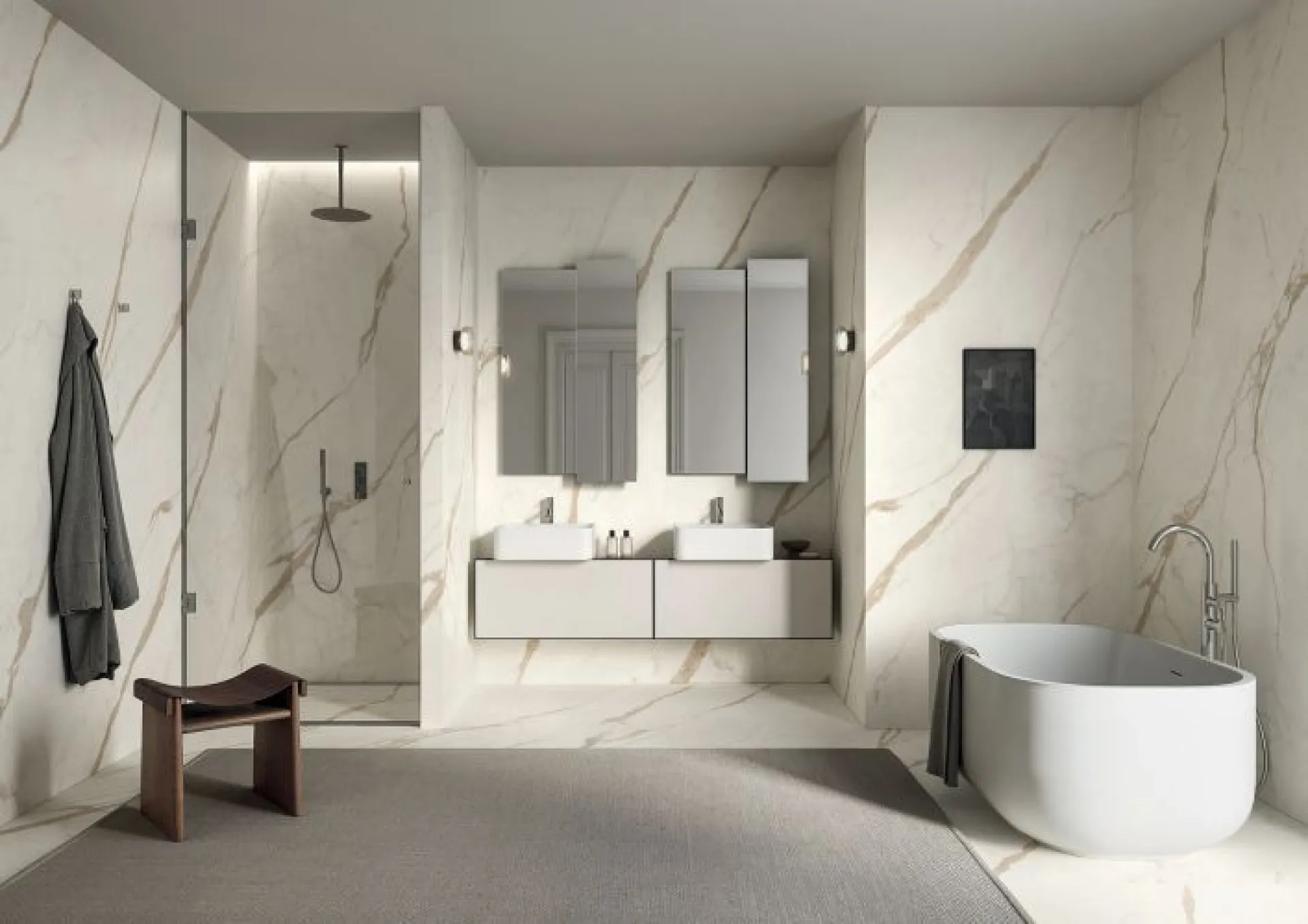 En Seine-Maritime, le carrelage rectifié MARBLE TOUCH s’harmonise avec la lumière pour créer des ambiances chaleureuses et sophistiquées.