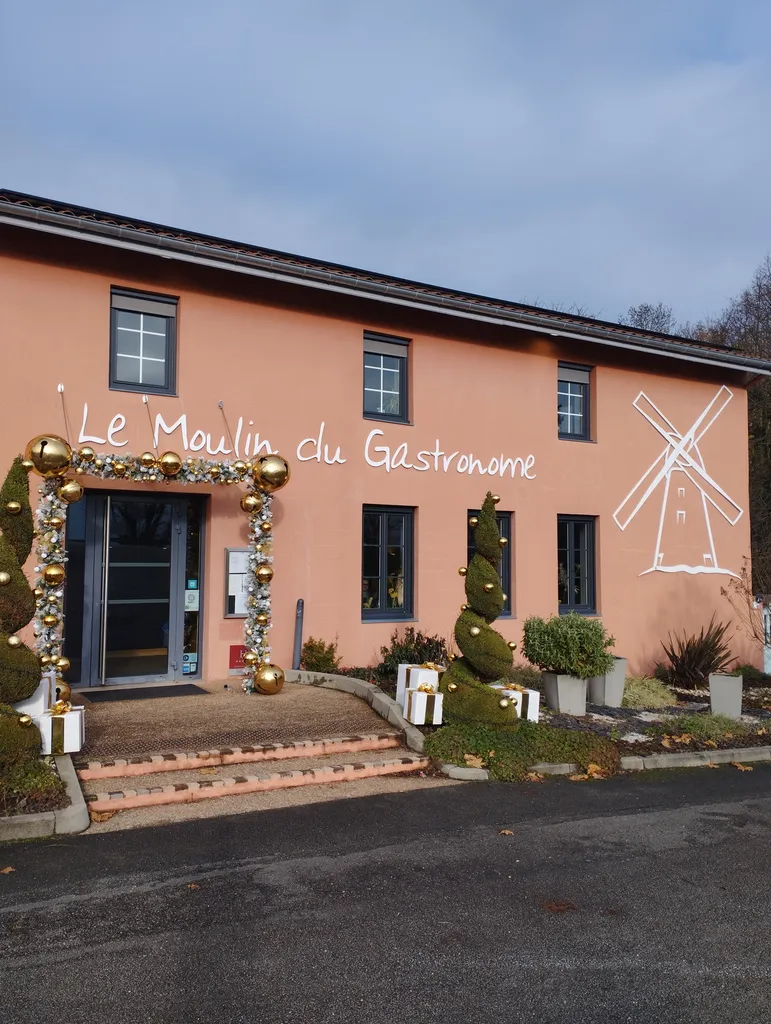 Décoration de Noël du restaurant « le Moulin du Gastronome » avec guirlandes artificielles garnies de boules or et blanches de différentes tailles et lumières scintillantes à Charnay-lès-Mâcon