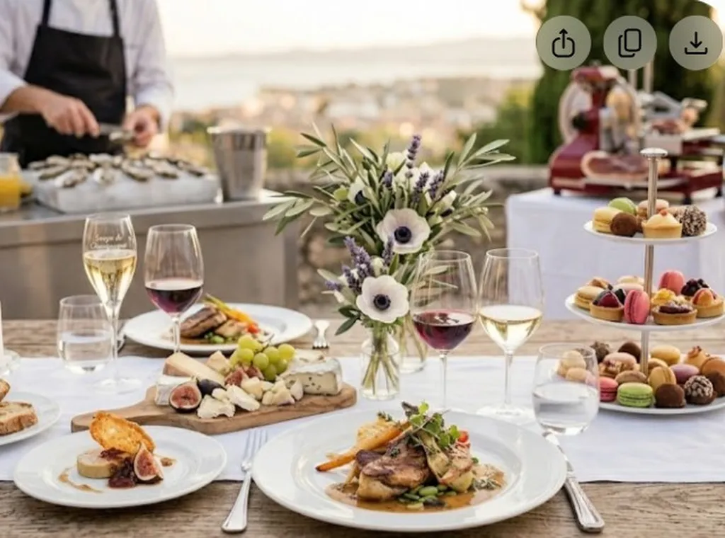 Menu Gourmet de Provence pour mariage avec entrée et plat servis à table et ateliers gourmands à la Villa Khariessa Martigues