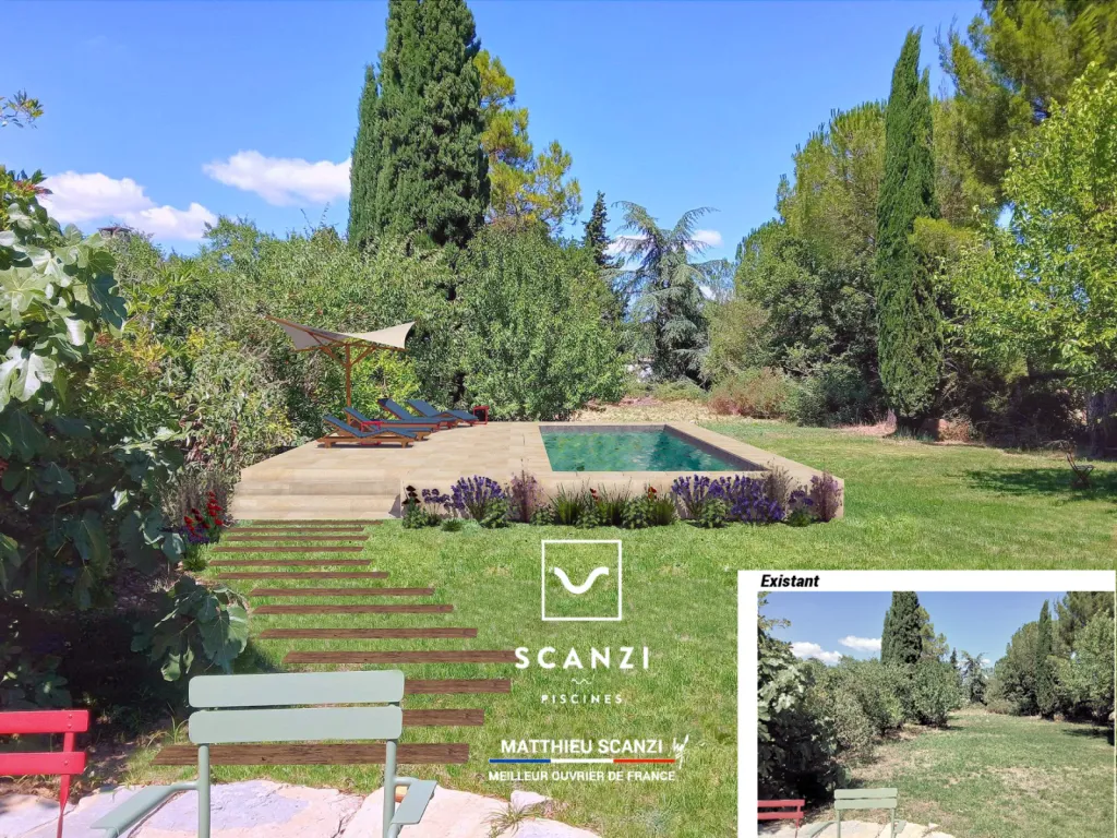 Vue 3D projet piscine - Existant/Projet piscine et plage